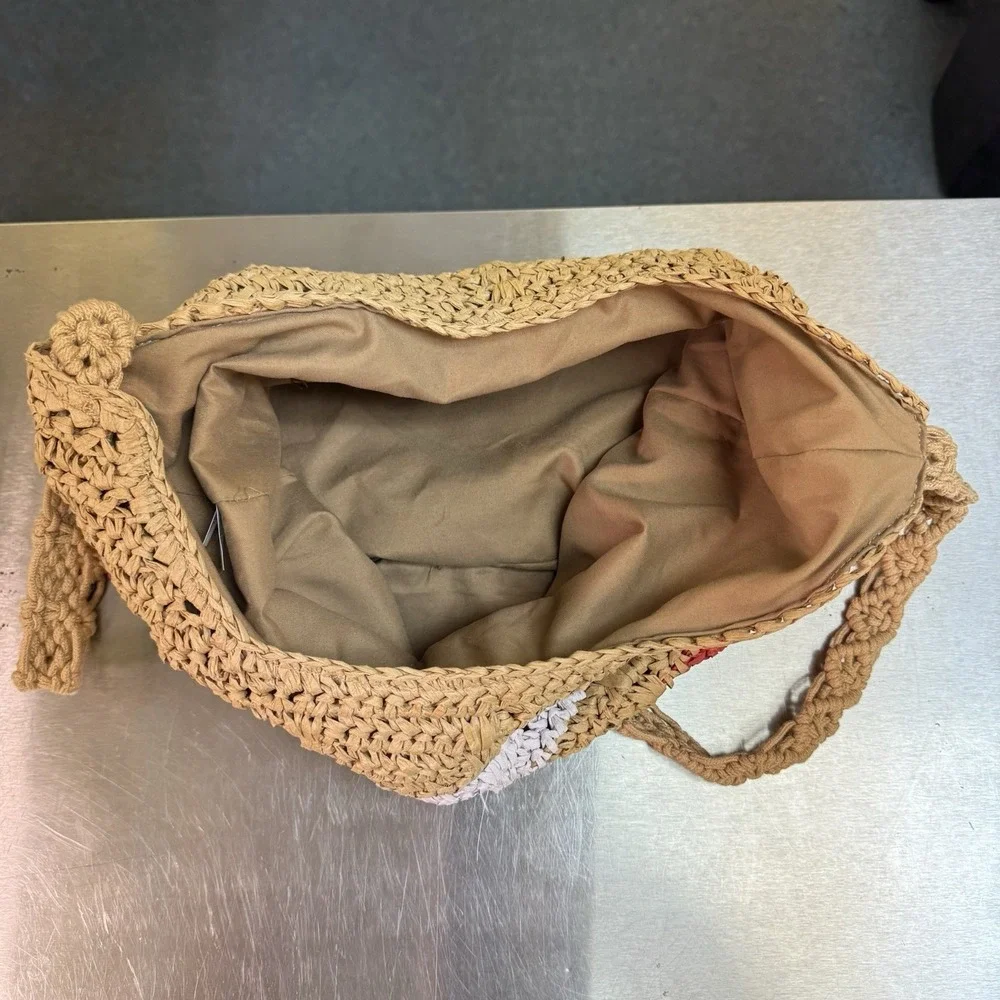 Woven Paper Straw Hobo Tote Bag Boho Colorblock Crochet Beach Summer Purse